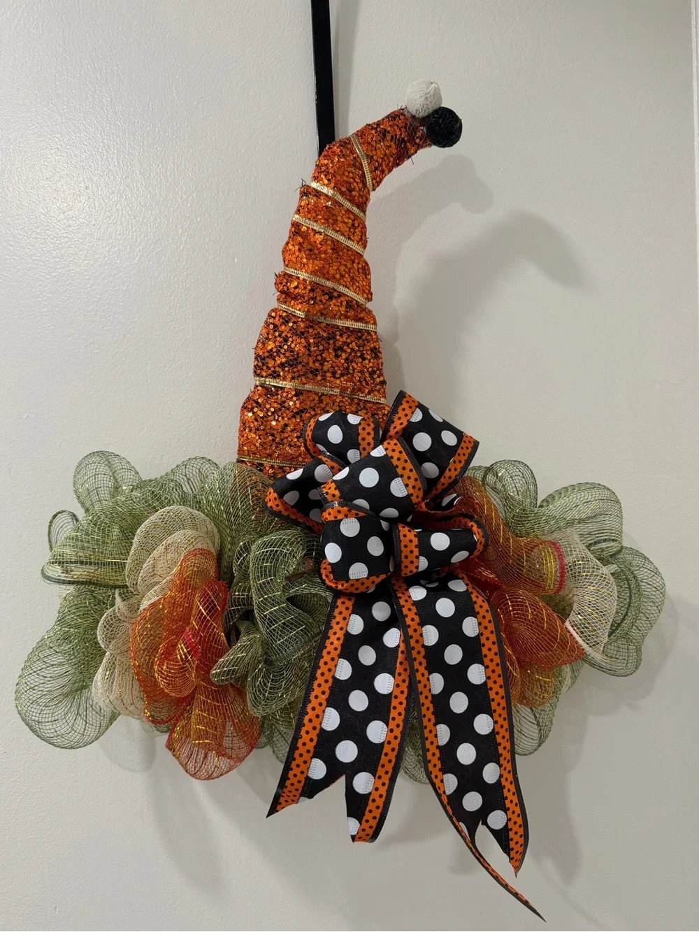 Halloween Witch Hat Mesh Wreath - Orange, Green, Black